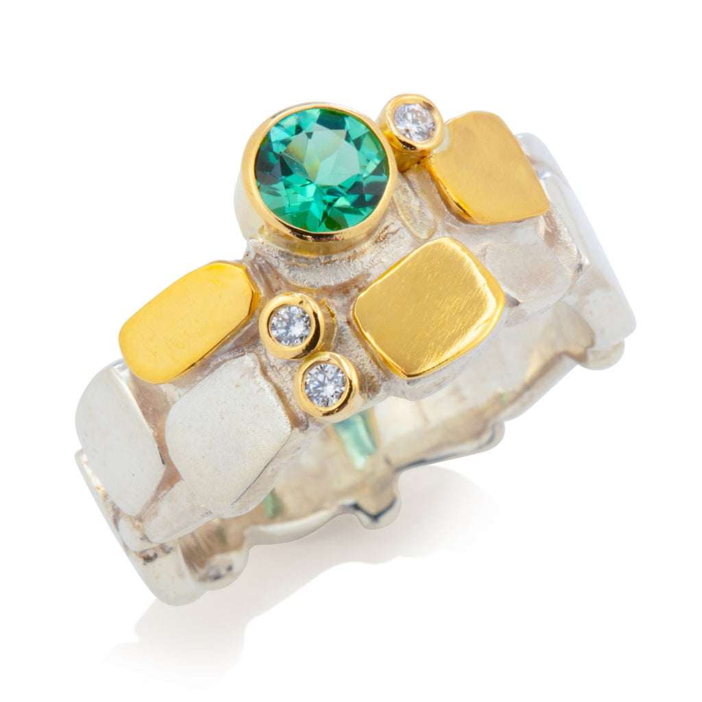 Box Ring with Tourmaline and  Diamonds