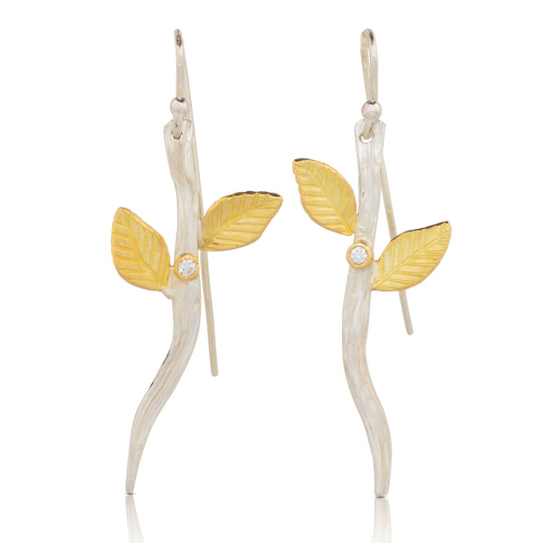 Driftwood Drop Earrings with Leaves and Diamonds