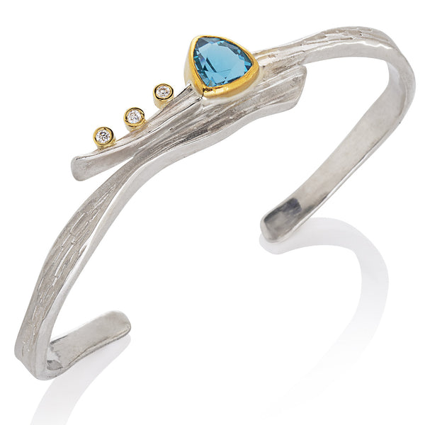 Argentium Driftwood Cuff Bracelet with Blue Topaz and Diamonds